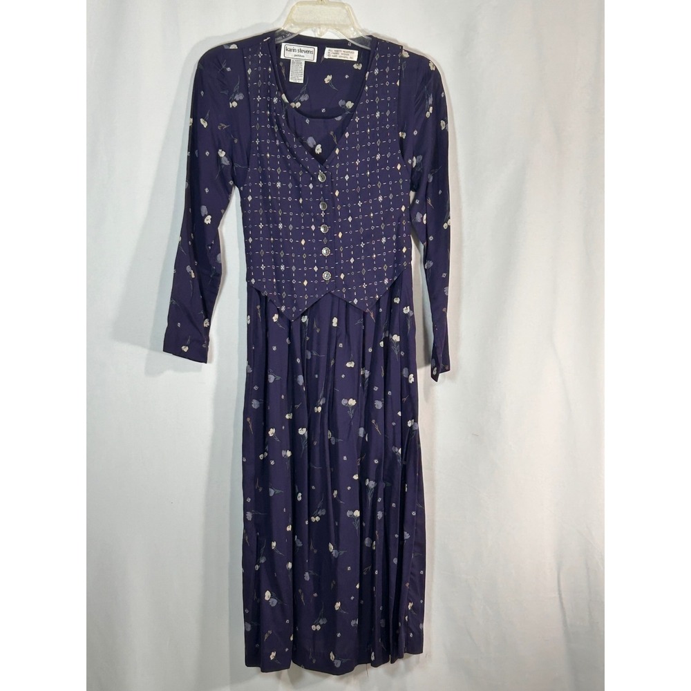 Karin Stevens Vintage Purple Floral Faux Vest Midi Dress Long Sleeve Petite 6
